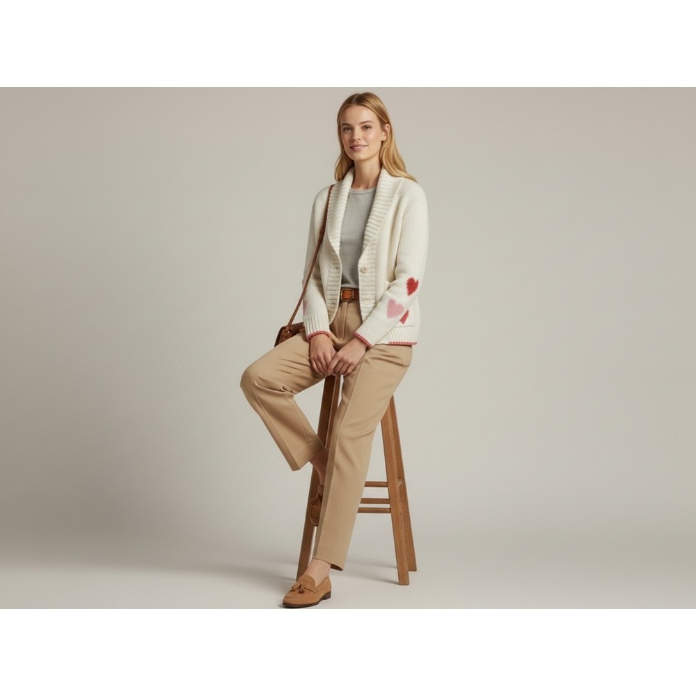 Maeve Anthropologie Heart Cardigan Women XS Cotton Ivory Pink Red Heart Grandma